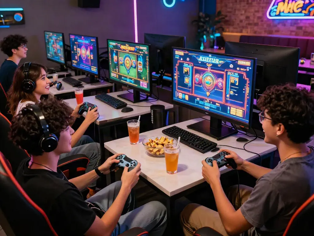 Friends enjoying an exciting slot gacor game together in a vibrant gaming lounge.
