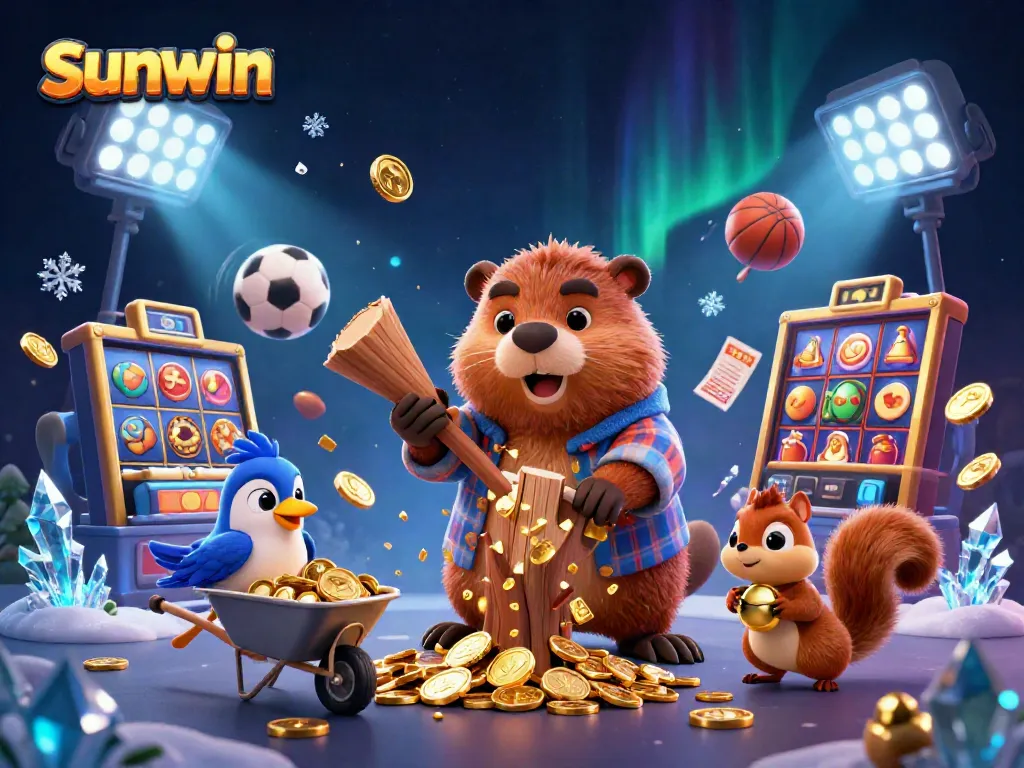 Sunwin's playful casino scene featuring a beaver collecting golden coins with dynamic game elements.