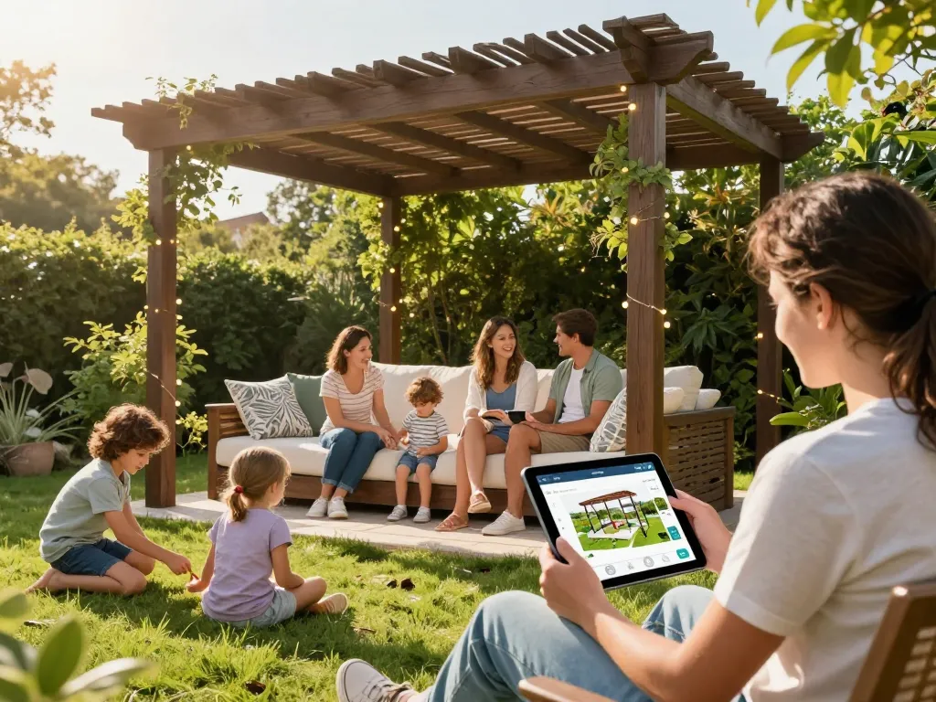 Family enjoying a beautifully designed 3D pergola configurator in a sunny garden.
