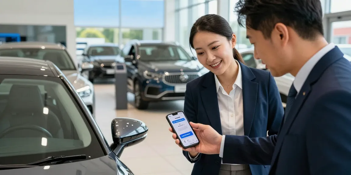 Car buyer using reg check UK app while inspecting vehicles at dealership
