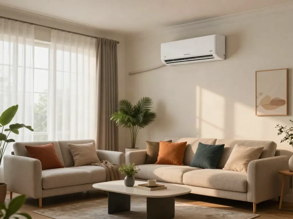 Modern living room showcasing a stylish 2400 btu mini split air conditioner, designed for comfort and aesthetic appeal.