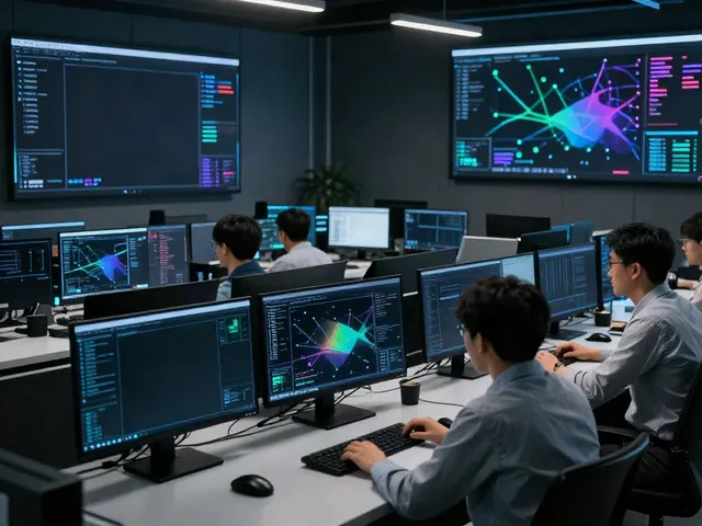 Penetration testing in a high-tech cybersecurity operations center with analysts monitoring vulnerabilities.