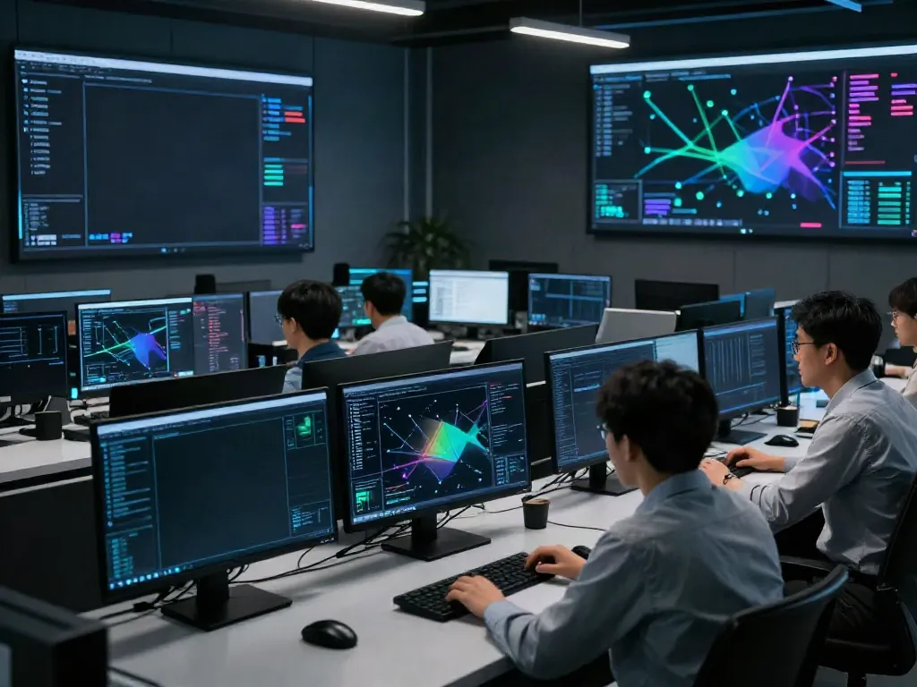 Penetration testing in a high-tech cybersecurity operations center with analysts monitoring vulnerabilities.