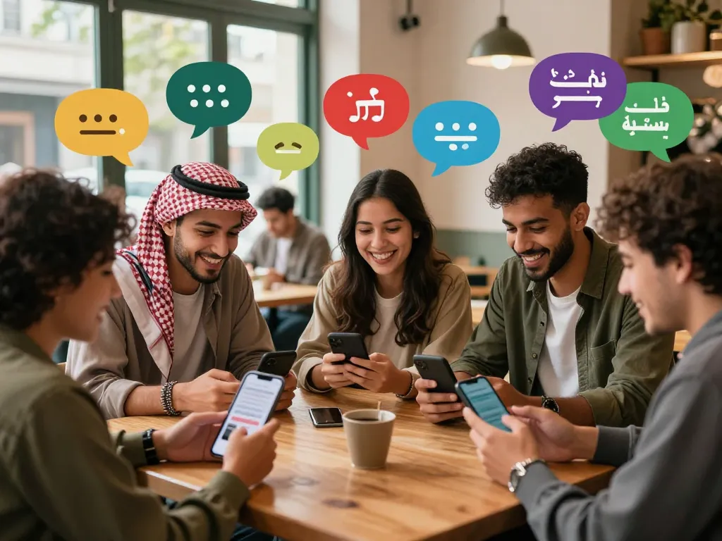 Engaging scene of دردشة فلسطين with diverse individuals connecting in a lively café atmosphere.