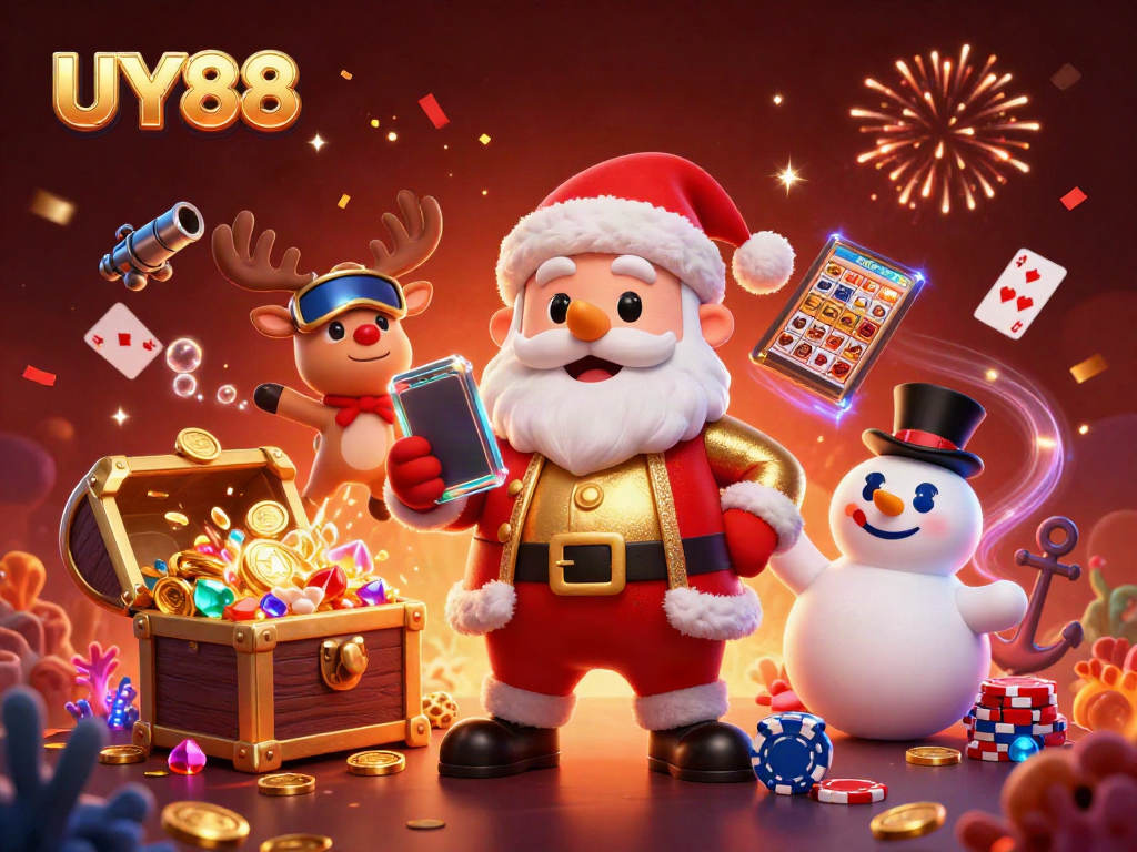 Experience the excitement of UY88 casino with Santa and friends celebrating jackpots and games.