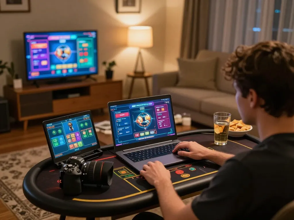 Engaging in online gaming at home with iwinnet, showcasing live dealer action on a laptop.