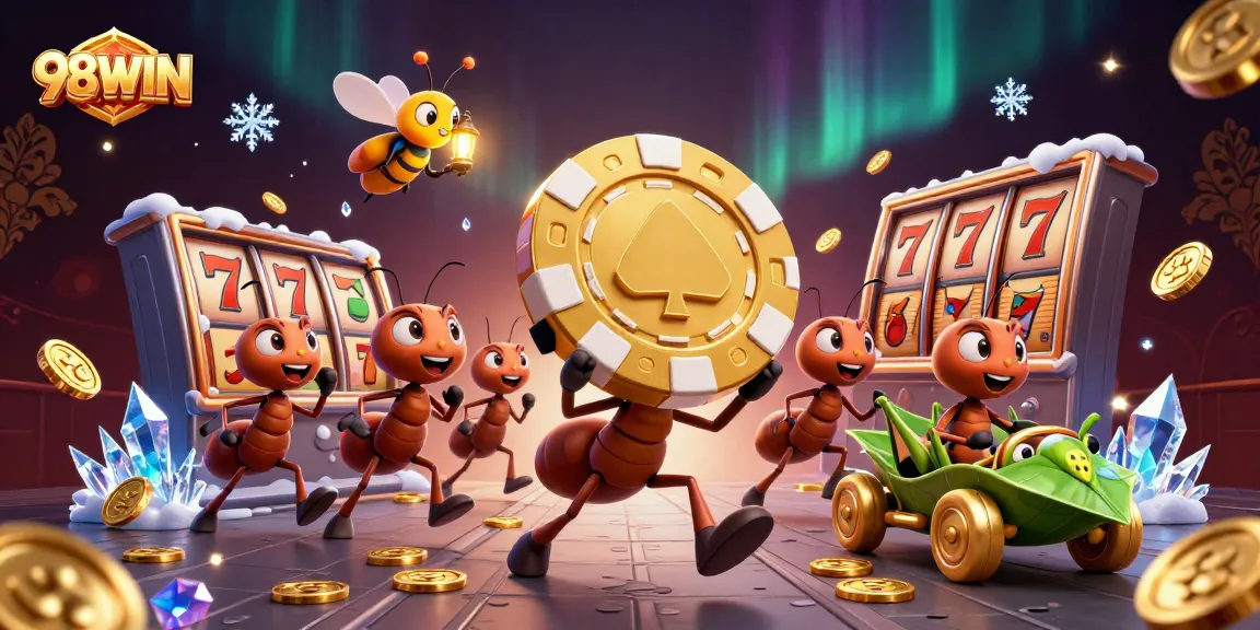 98WIN showcases ants' heist for a giant poker chip amid vibrant casino excitement.