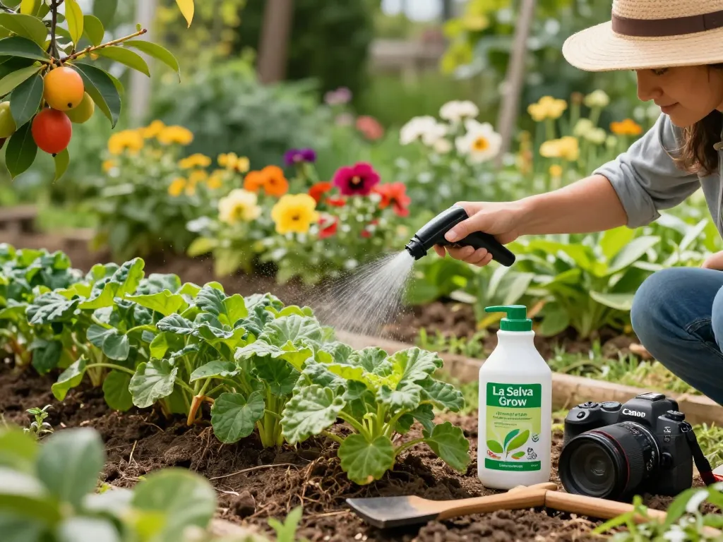 Aplicación de fertilizante orgánico para plantas vibrantes con fertilizante La Selva Grow en un jardín soleado.