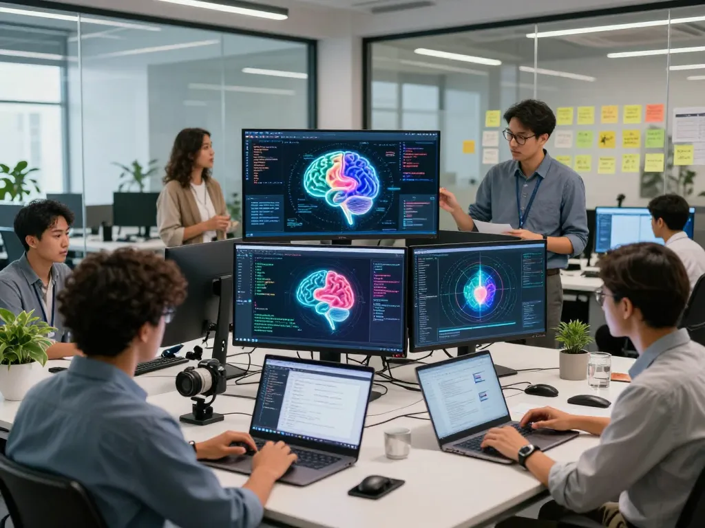 Team collaborating on mind control ai technology in a modern office environment.