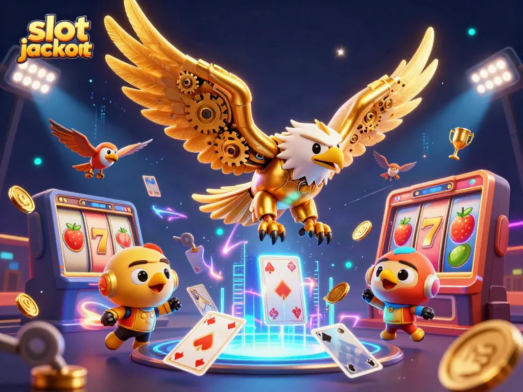 Mainkan slot jackpot dalam suasana memukau, dikelilingi simbol keberuntungan dan elemen kasino.