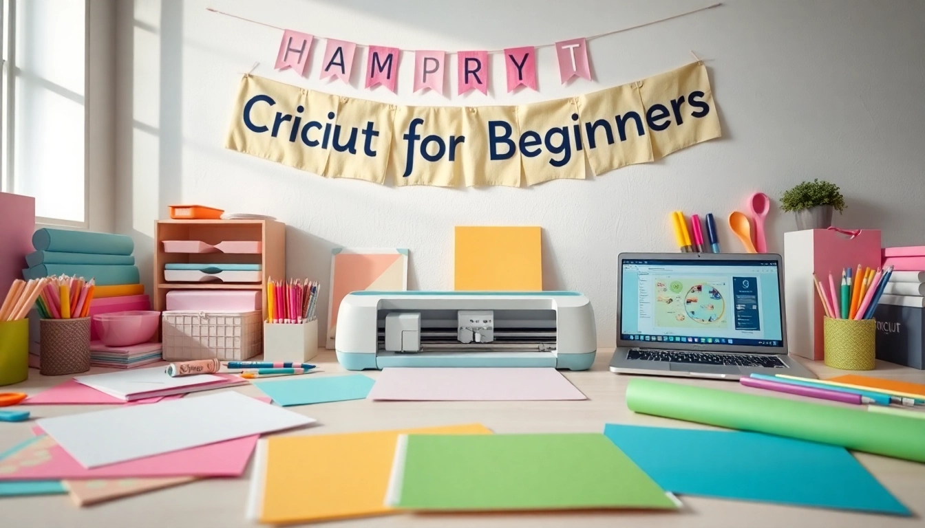 Cricut for beginners setup with a cutting machine and colorful crafting supplies
