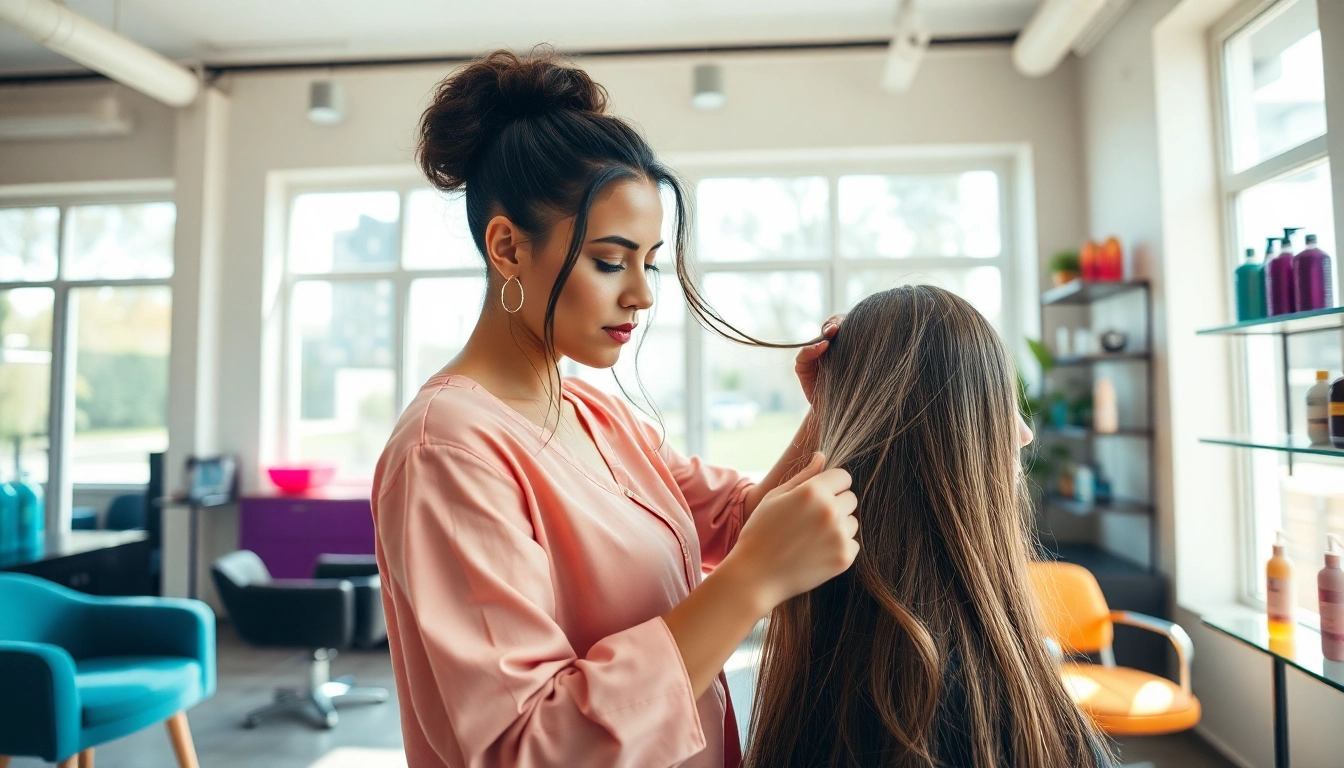 A talented female hairstylist showcasing her expertise in a modern salon setting, embodying the essence of cabeleireiro feminino.