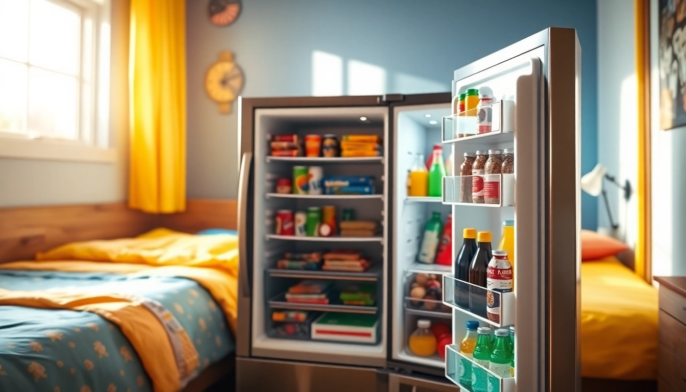 Stylish dorm room fridge packed with snacks and drinks, enhancing a cozy study environment.