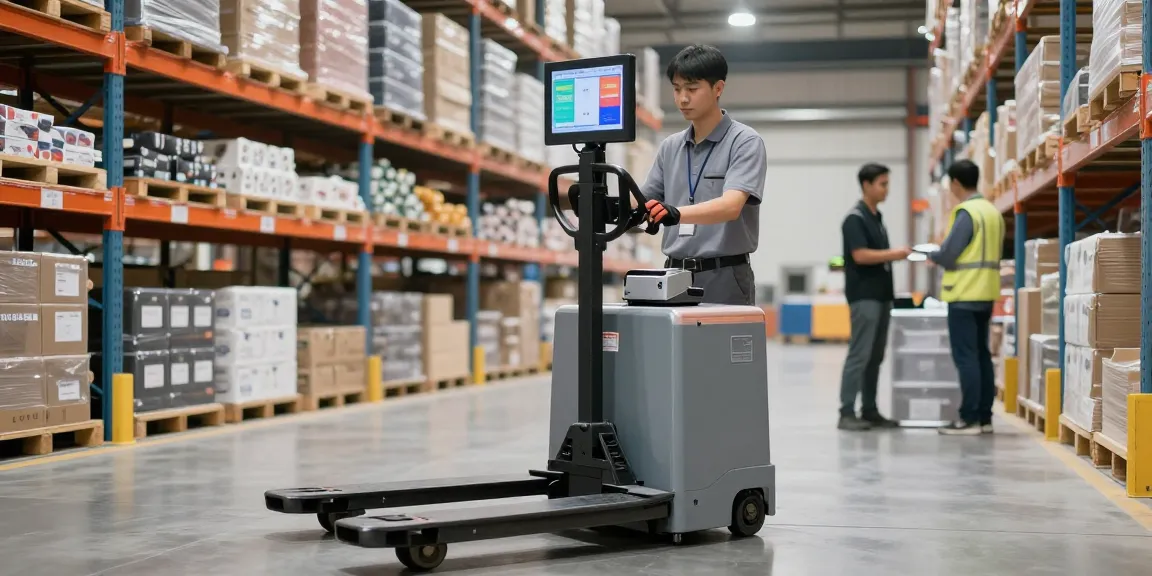Electric pallet truck with scale and printer for sale efficiently weighing products in a modern warehouse.