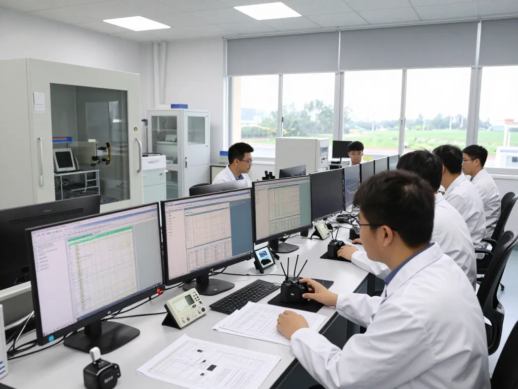 Engineers conducting FCC certification testing in a high-tech EMC laboratory with advanced equipment.