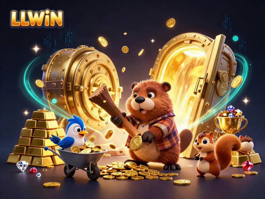 LLWIN showcases an enchanting scene of a cartoon beaver and friends collecting coins in a vibrant digital casino.