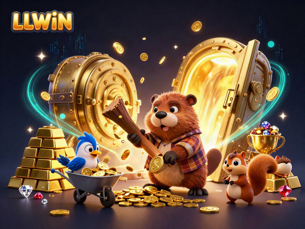 LLWIN showcases an enchanting scene of a cartoon beaver and friends collecting coins in a vibrant digital casino.