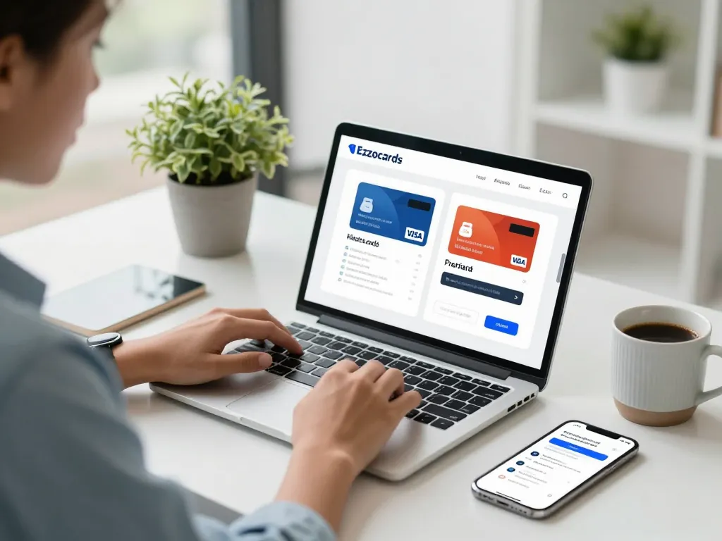 Professional using Ezzocards for secure online payments at a stylish workstation.