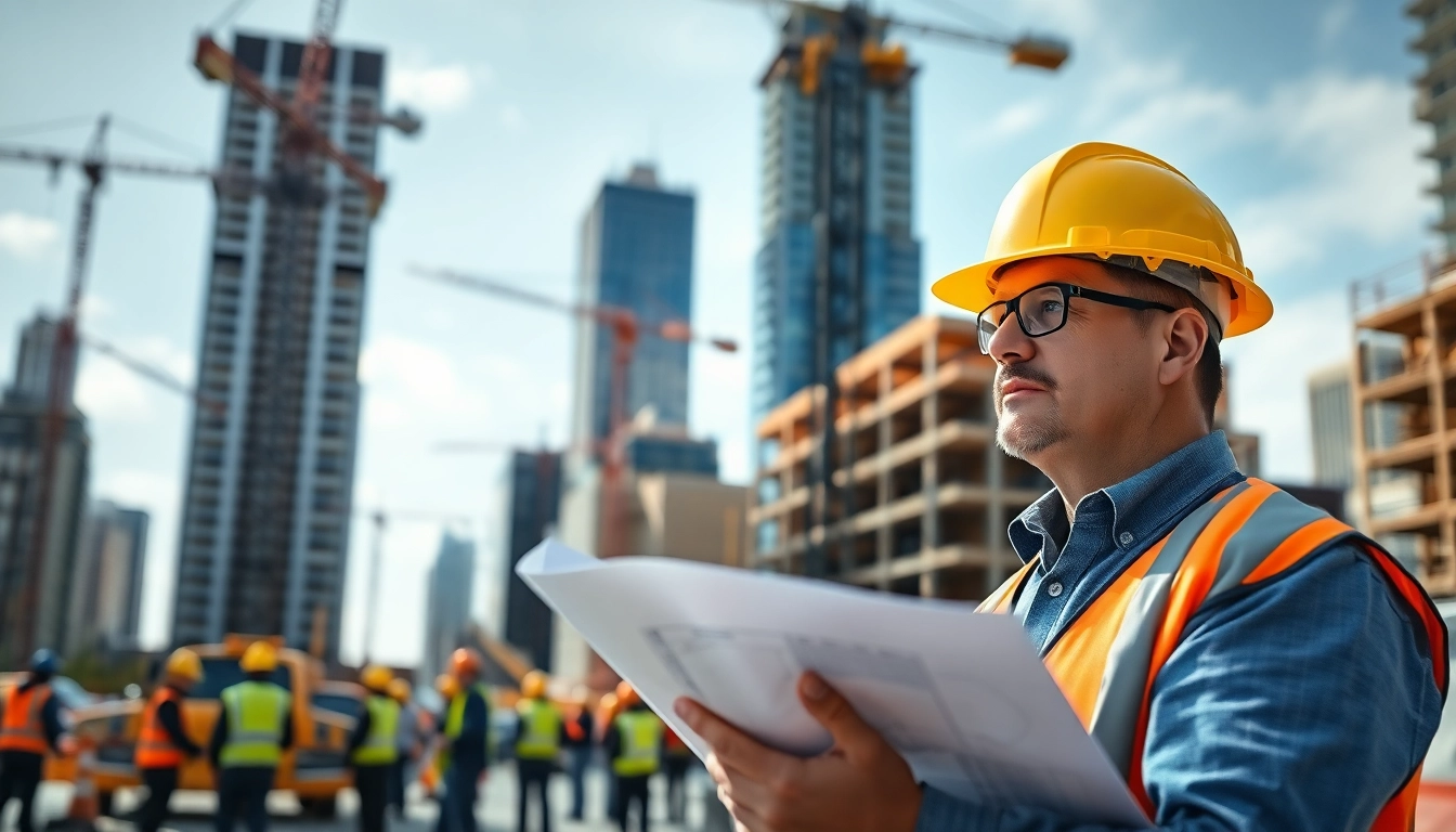 New York City Construction Manager supervises a bustling job site with cranes and builders.