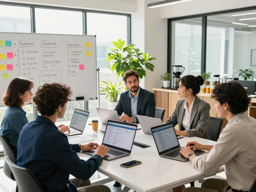 Dynamic collaboration in a modern office, showing professionals discussing temp agencies while using laptops and brainstorming on a whiteboard.