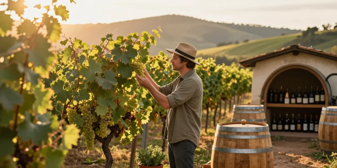 Dave examining grapevines in a picturesque vineyard, embodying artisanal winemaking.