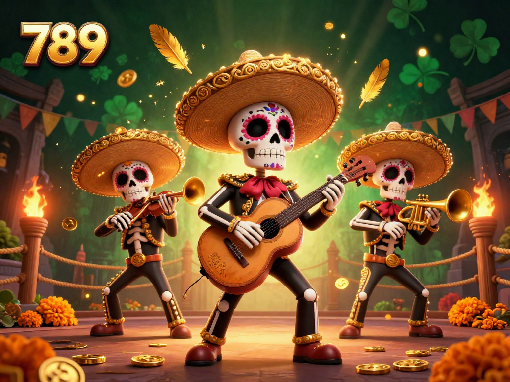 Win big at 789 with vibrant casino-themed illustration featuring skeleton mariachi band.