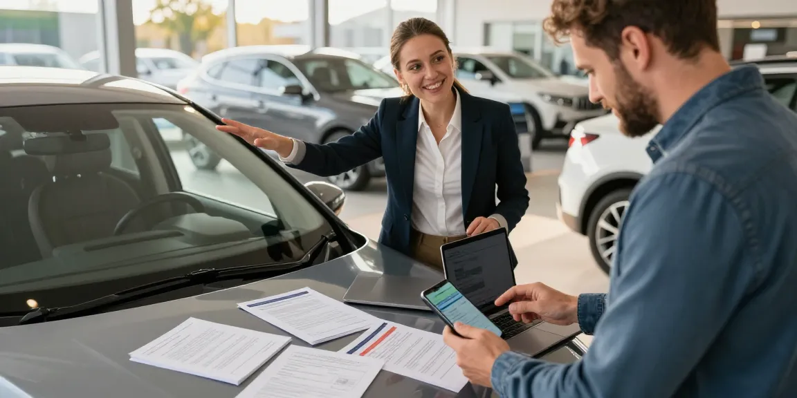 Car buyer conducting a reg check UK on a pre-owned vehicle with history documents spread out, showcasing a confident purchase atmosphere.