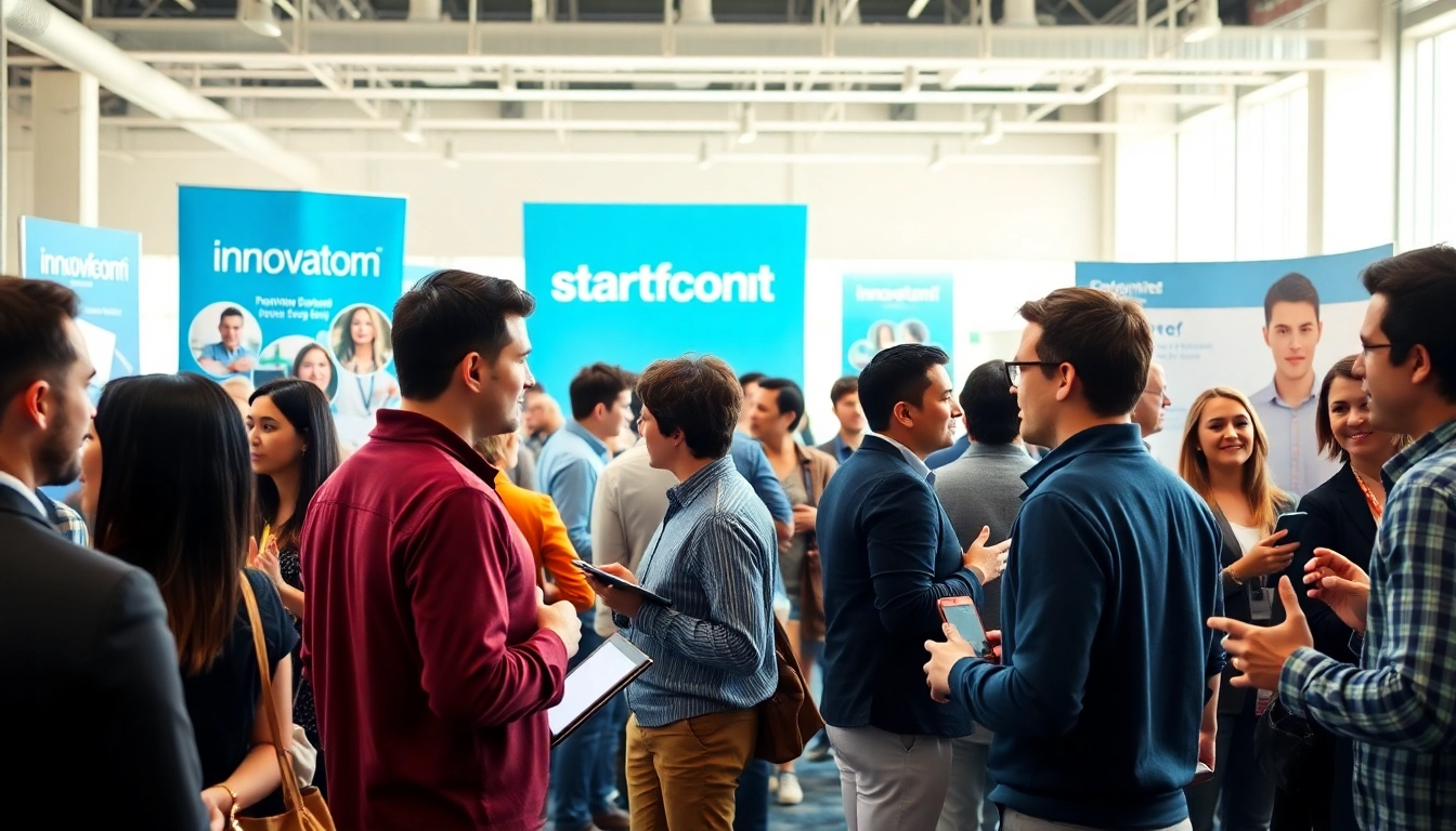 Networking at a startup innovation conference showcasing diverse entrepreneurs exchanging ideas.