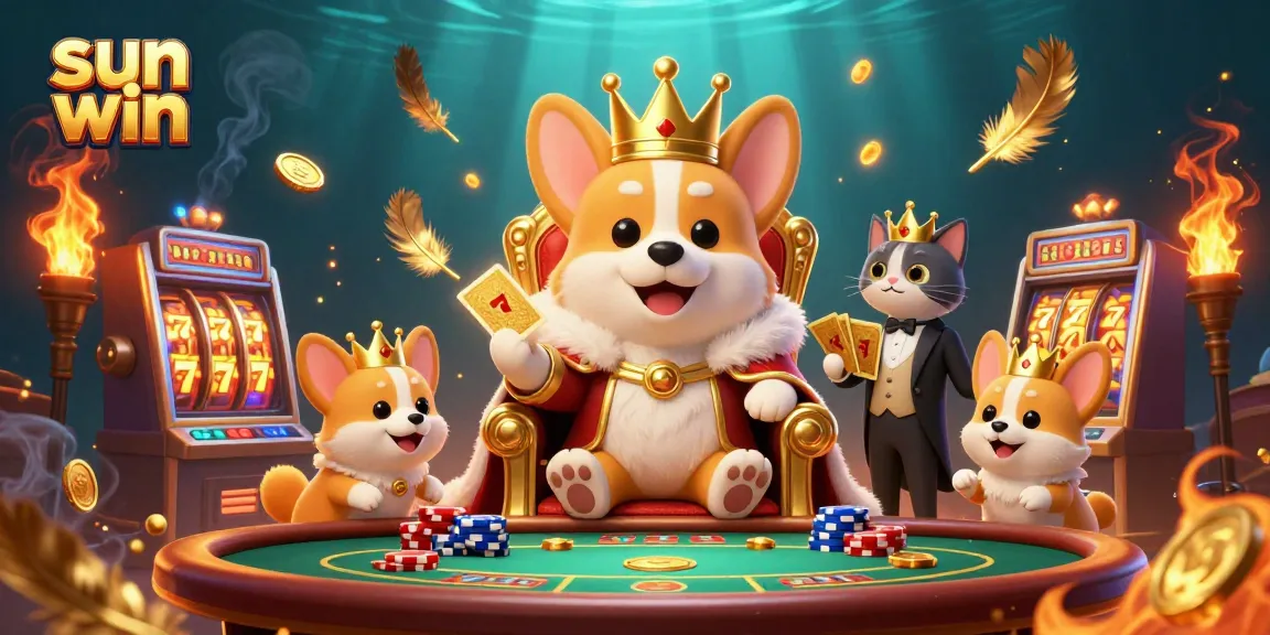 Sun win animation featuring royal corgi on poker chips throne, showcasing vibrant casino elements.