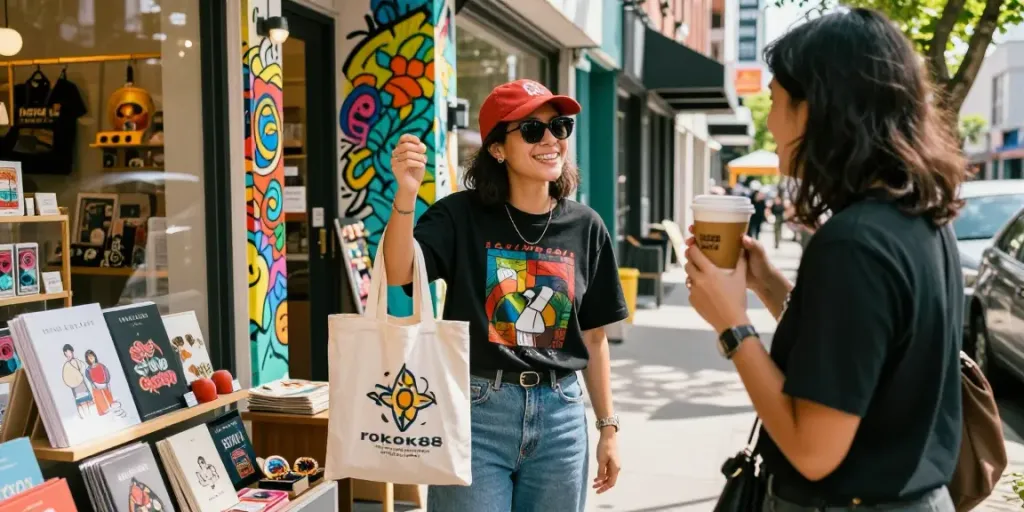 Shopper in urban setting enjoying rokok88 merchandise at a local boutique.