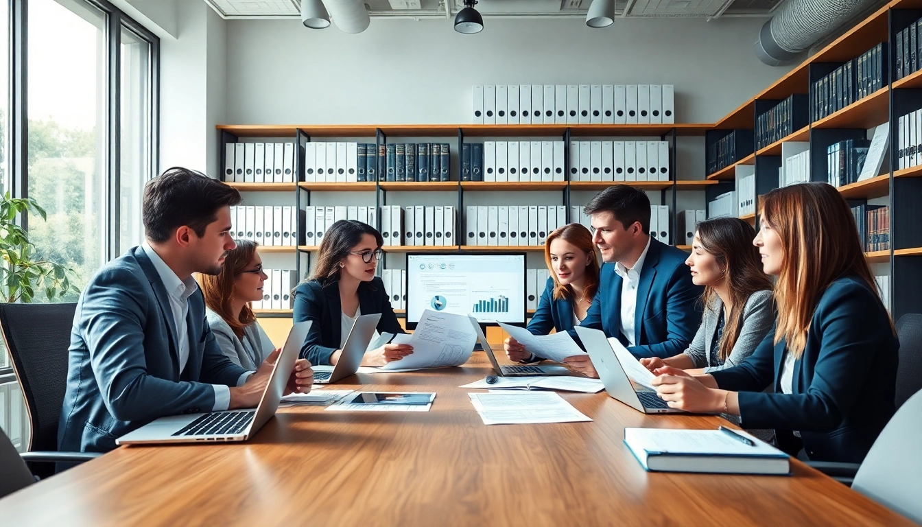Team engaged in Contract Management discussions in a bright, modern office setting.