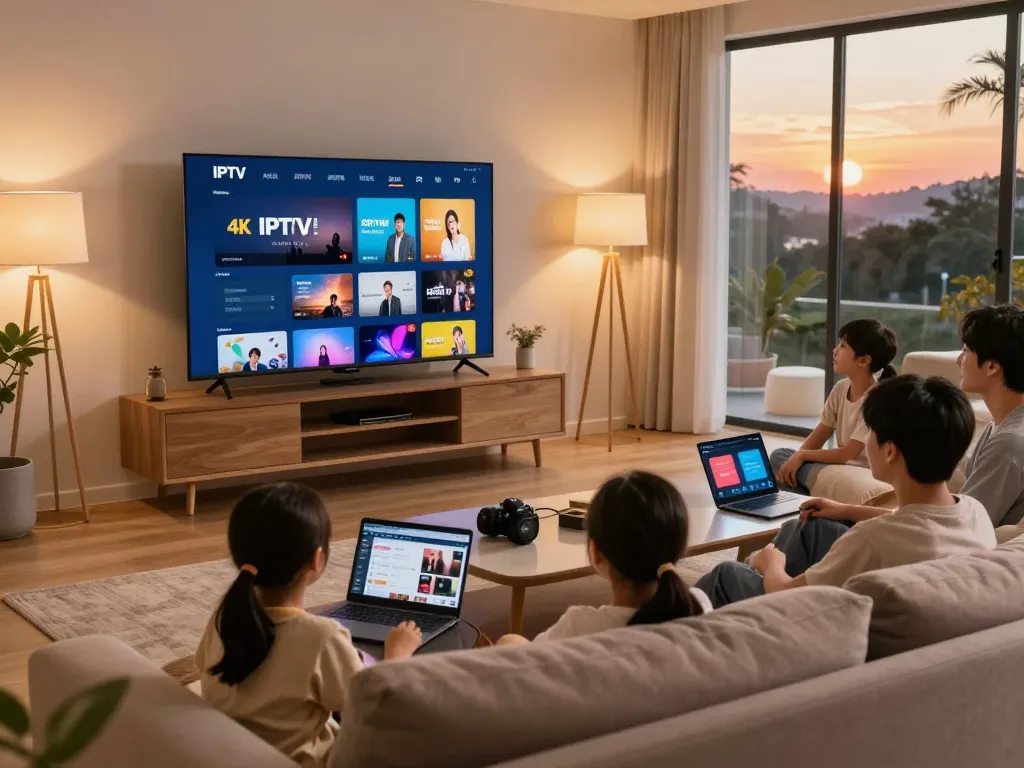 Family enjoying IPTV player windows in a cozy living room with smart TV.