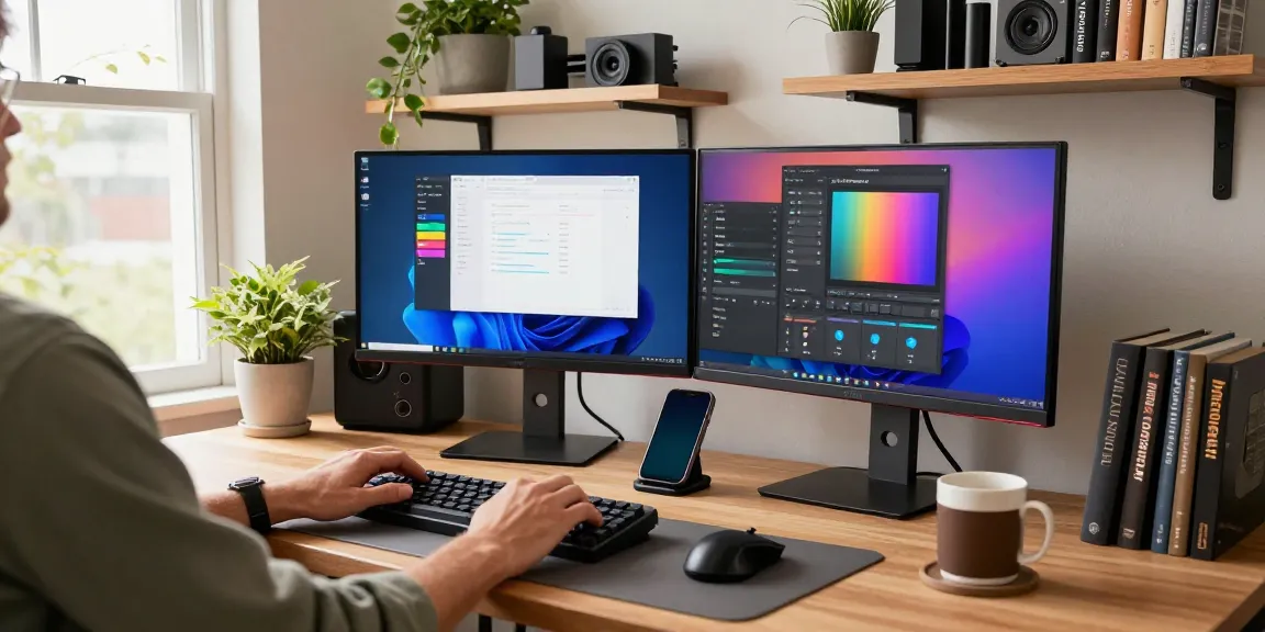 Person working at a stylish desk with a PC setup in a bright tech workspace.