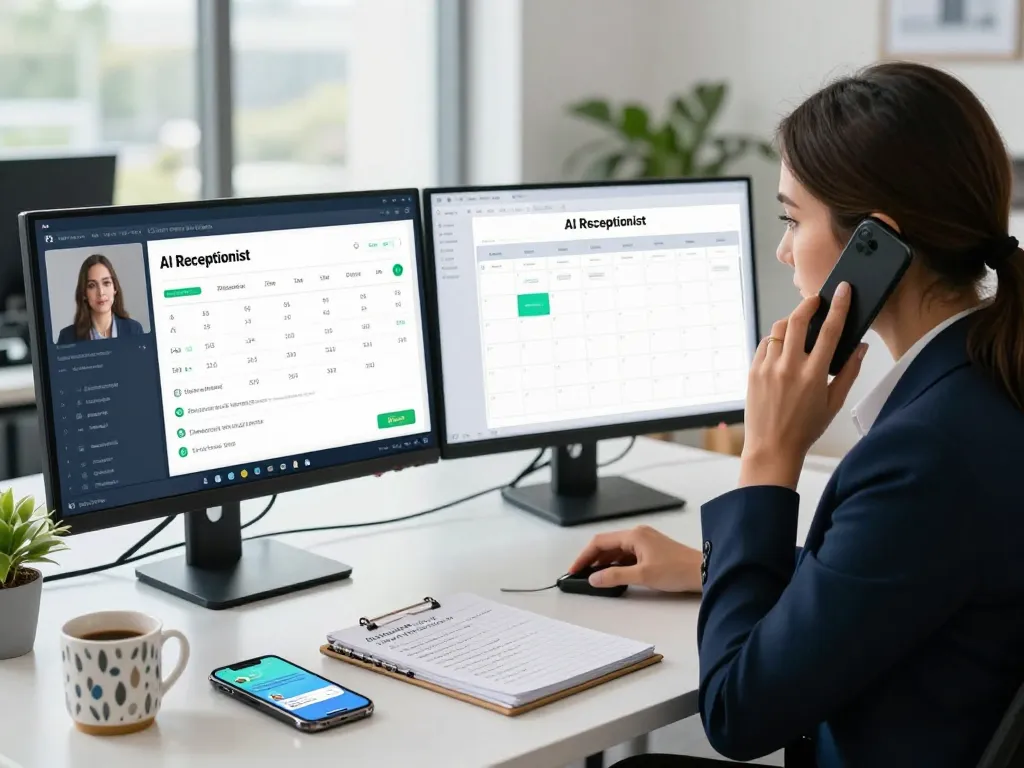 AI receptionist supporting a professional in a modern office, showcasing call metrics and scheduling.