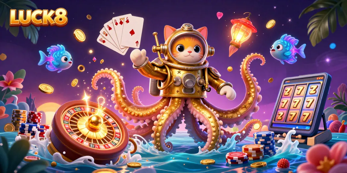 LUCK8 showcases a spectacular scene of a kraken and vintage diver amidst casino elements with a vibrant treasure motif.