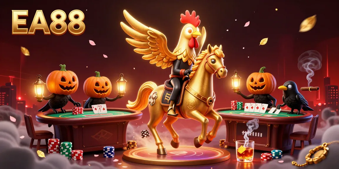 EA88 invites gamers into the vibrant world of poker with a golden rooster and mystical ambiance.