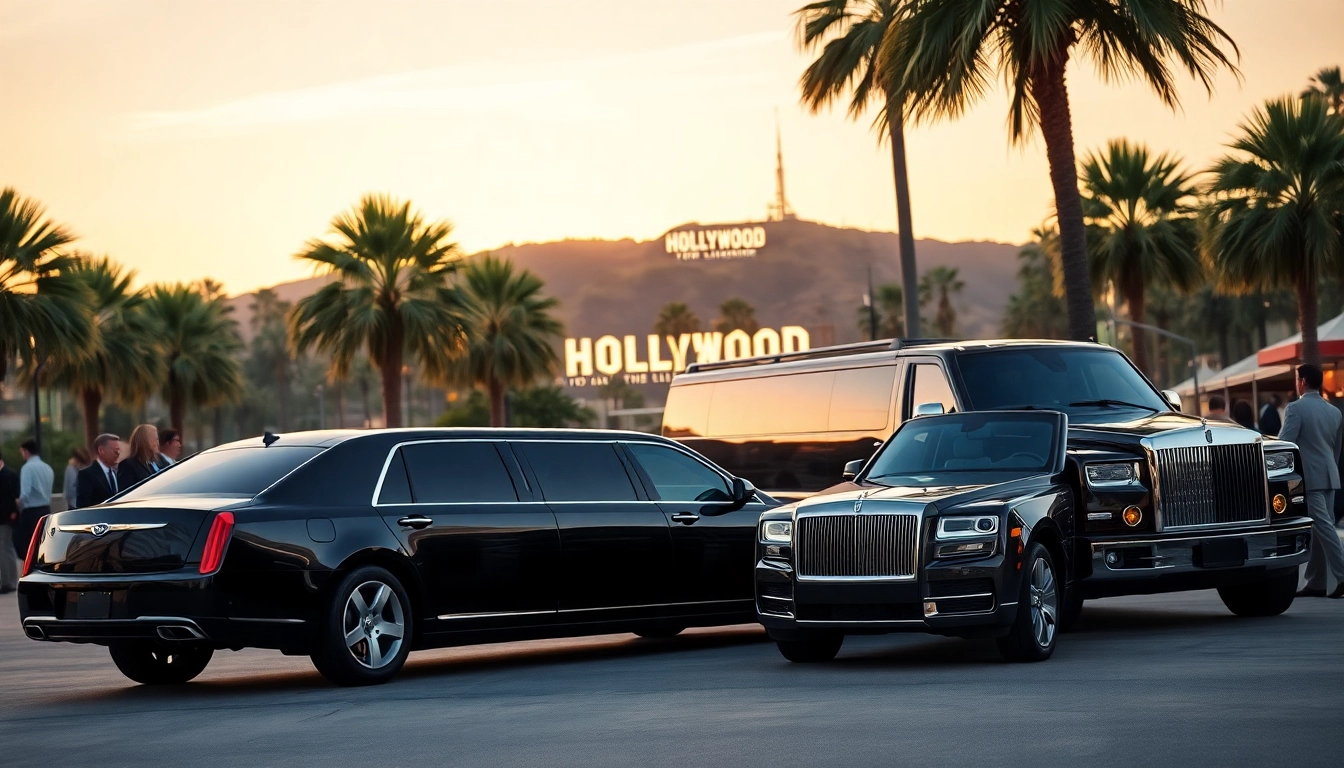 Hollywood Town Car and Limousine's luxury vehicles waiting for clients at a glamorous LA event, showcasing elegance and professionalism.