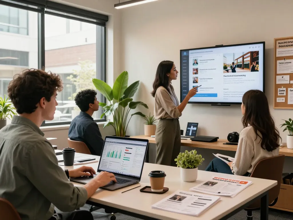 Airbnb management Sydney team collaborating in a modern office with property data analysis, showcasing effective short-term rental strategies.