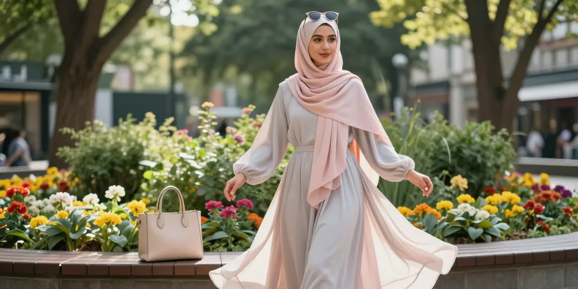 Elegant woman in modest fashion twirling in a park, showcasing trendy outfit against vibrant greenery.
