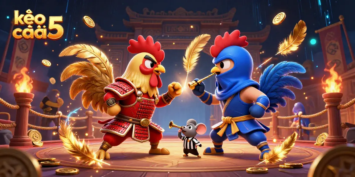 Cockfight scene illustrating the fierce duel of kèo nhà cái 5's fighting roosters with dynamic golden feathers and vibrant betting tokens.