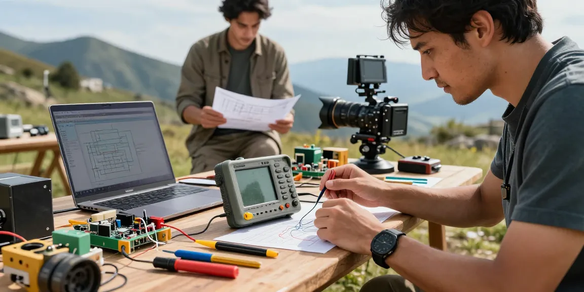 Engineer measuring signals with a pocket oscilloscope outdoors, showcasing portable testing solutions in electronics.
