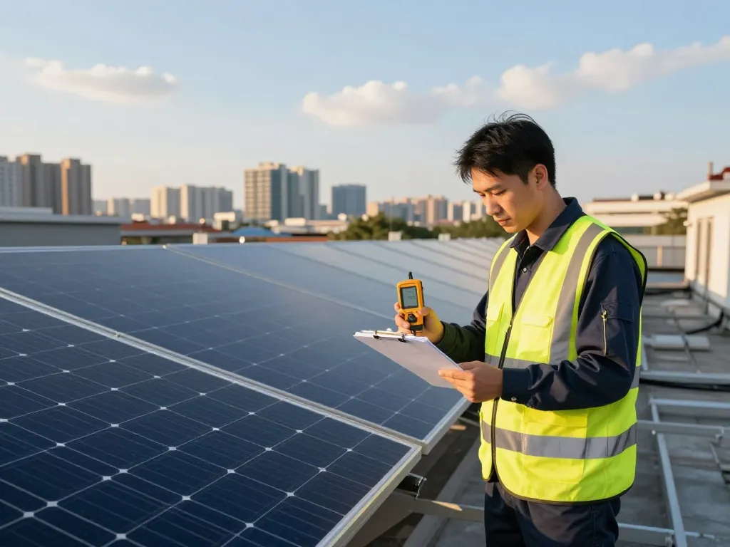 Technician measuring rendement des modules photovoltaïques on a modern rooftop installation, showcasing urban solar energy solutions.