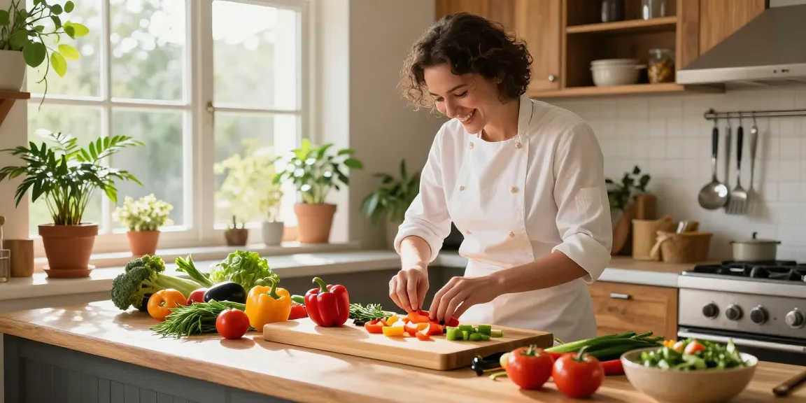 Preparing fresh vegetables on bamboo cutting boards with vibrant colors in an inviting kitchen.