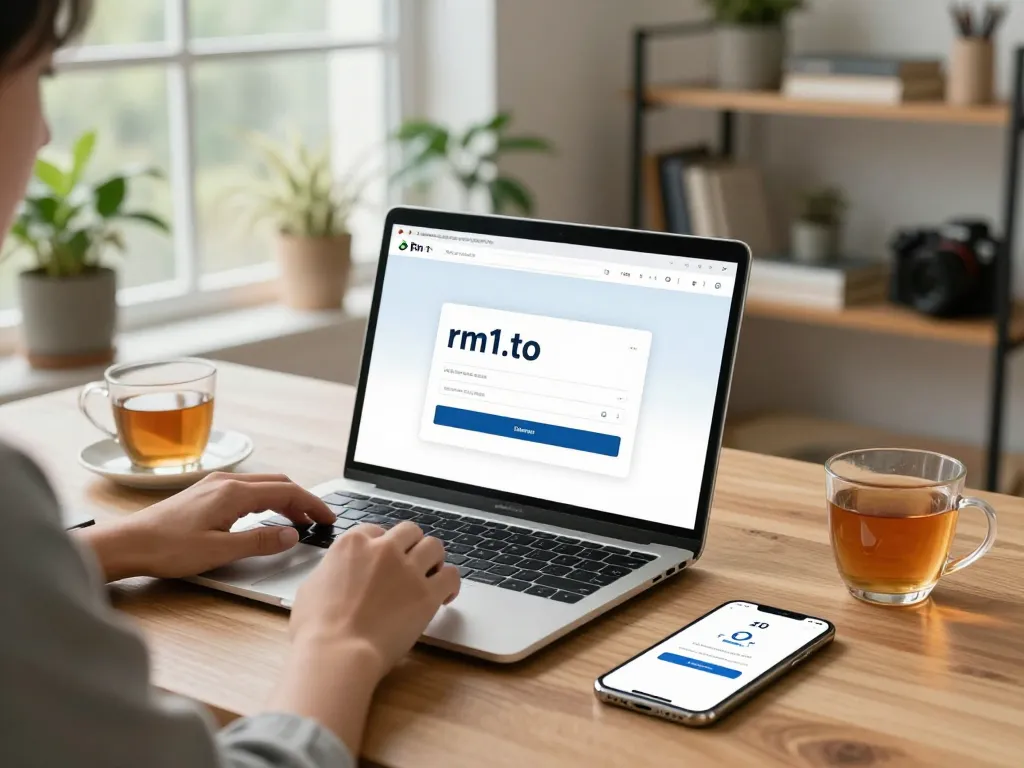 Login to rm1.to on a sleek laptop in a cozy home office.