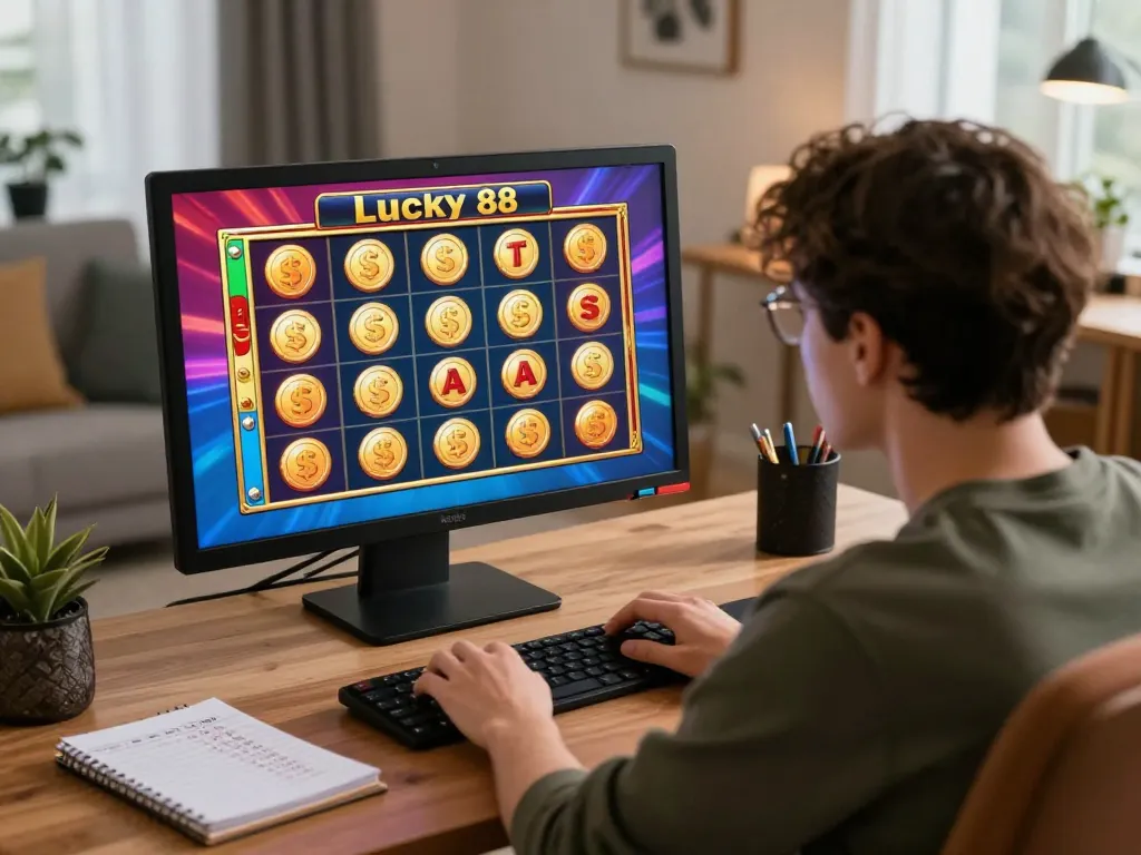 Player enjoying Lucky 88 slot on screen, focused on winning strategies in a cozy online casino setup