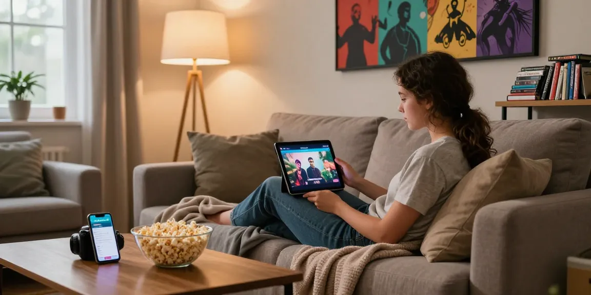 Pikashow APK streaming interface displayed on a tablet during a cozy movie night with popcorn in a stylish living room.