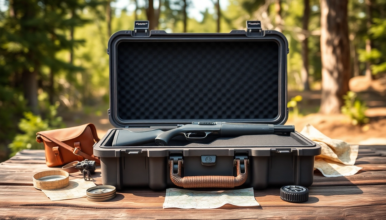 Showcasing a pelican gun case for sale with a rifle inside against a rustic backdrop.