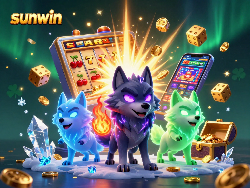 Experience excitement with sunwin's ghostly wolf characters surrounded by jackpot symbols and a vibrant casino atmosphere.