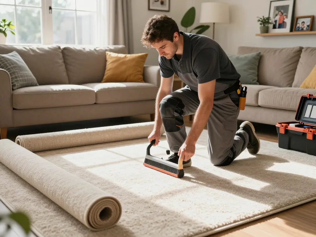 Home carpet fitting services in action, showcasing a professional installer laying fresh carpet in a cozy living room setting.