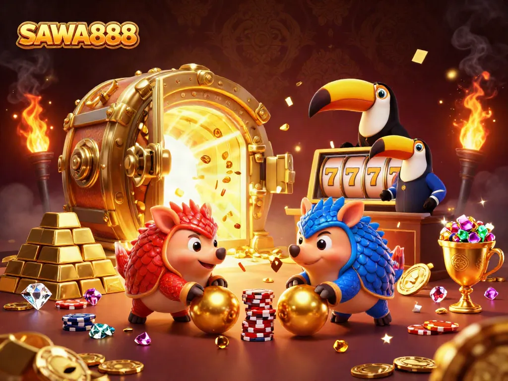 SAWA888 pangolins battle in a vibrant casino scene filled with poker chips and gold.